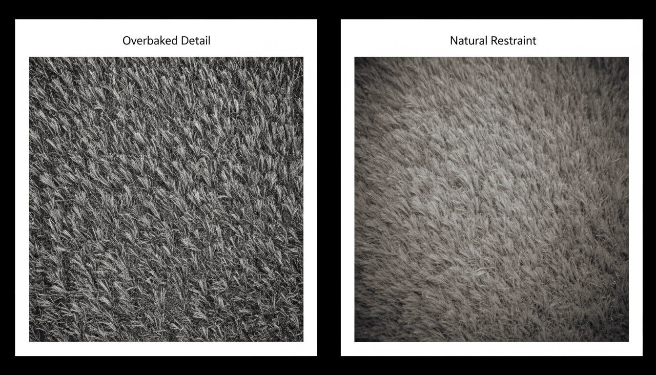 Comparison showing hyperrealistic detail versus natural photorealism