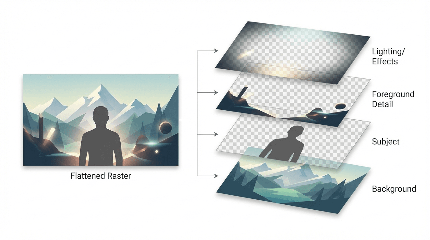 A diagram showing a single image decomposed into separate editable RGBA layers